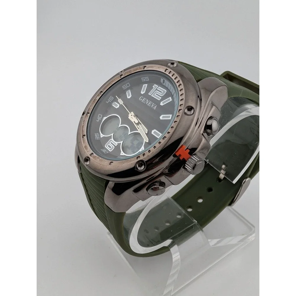 Geneva Watch Men 43mm Case Analog Digital Green Band-‎ New Battery